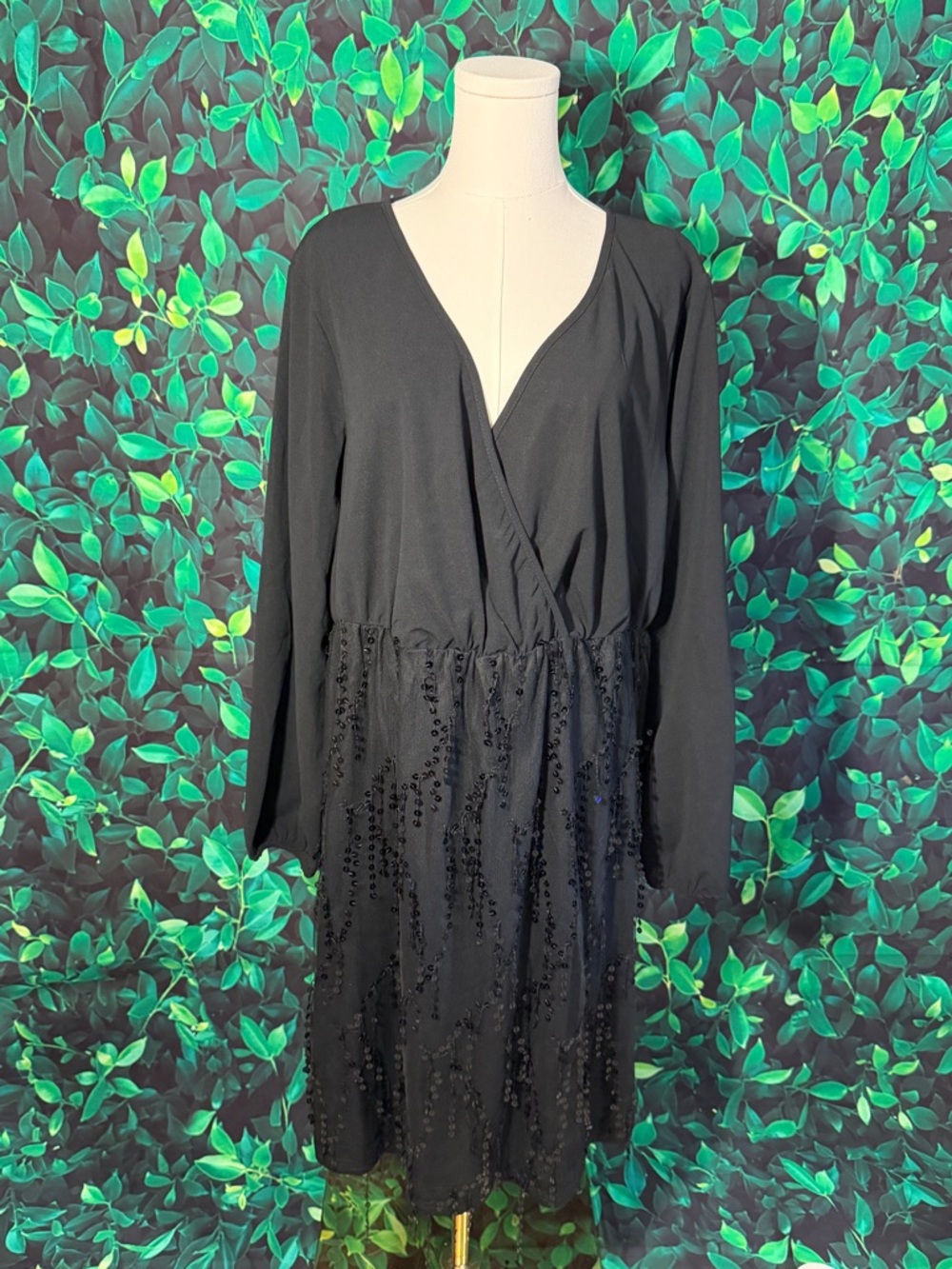 BloomChic Black Solid Patchwork Wrap Sequin Tassel Detail Dress